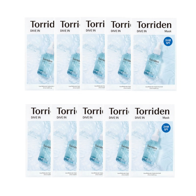 Torriden Dive-In Low Molecular Hyaluronic Acid Mask Pack (27ml * 10ea) - Conjunto de Máscaras Faciais em Tecido para Hidratação Profunda
